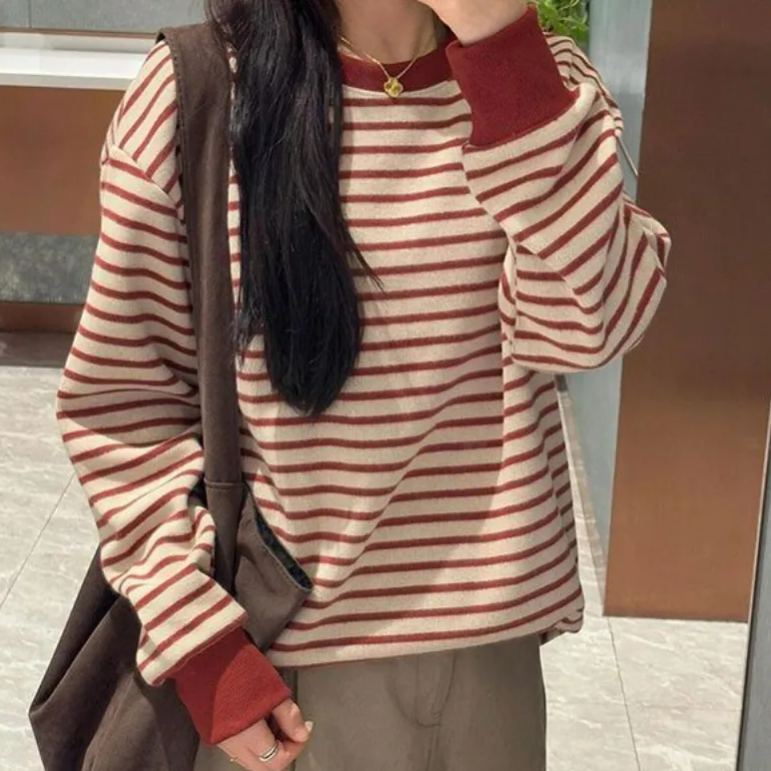 復古撞色條紋休閒設計感寬鬆長袖T恤