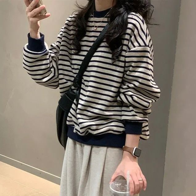 復古撞色條紋休閒設計感寬鬆長袖T恤