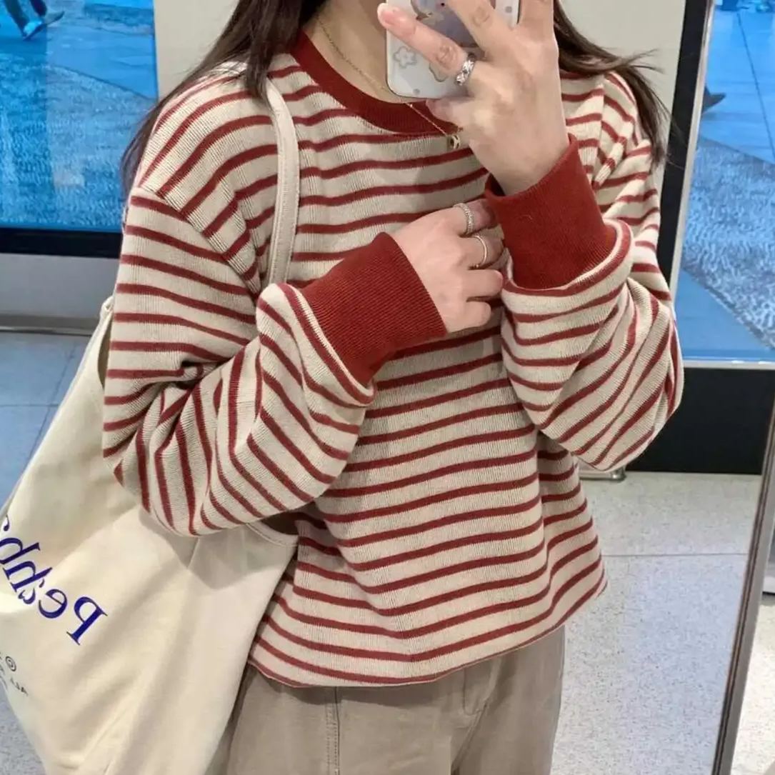 復古撞色條紋休閒設計感寬鬆長袖T恤