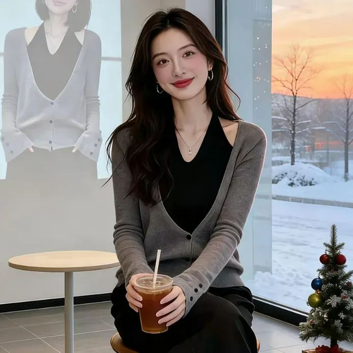 掛脖設計減齡韓系假兩件長袖T恤