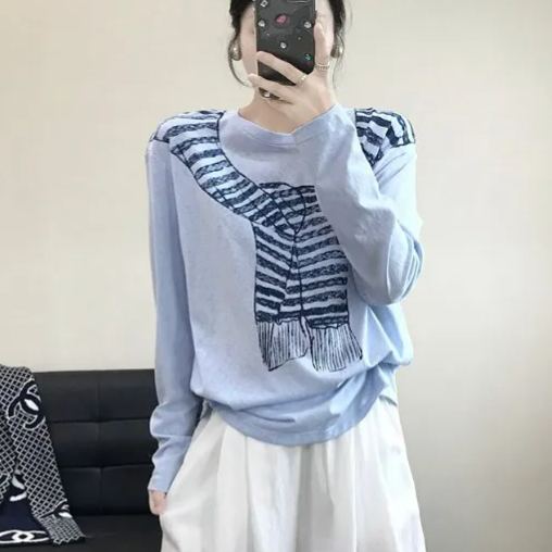 薄款寬鬆休閒百搭圍巾印花圓領長袖T恤