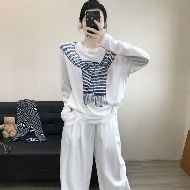 薄款寬鬆休閒百搭圍巾印花圓領長袖T恤