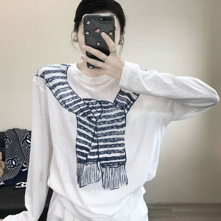薄款寬鬆休閒百搭圍巾印花圓領長袖T恤