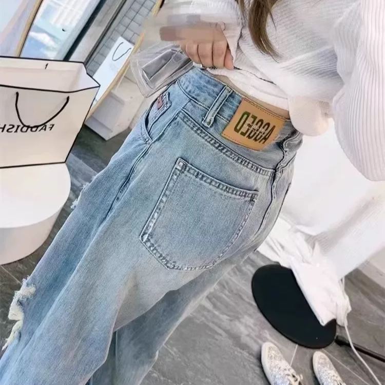 大碼時尚寬鬆破洞薄款顯瘦九分哈倫牛仔褲