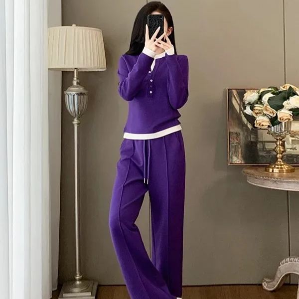 【整套】設計感假兩件長袖T恤+紫色運動褲兩件套