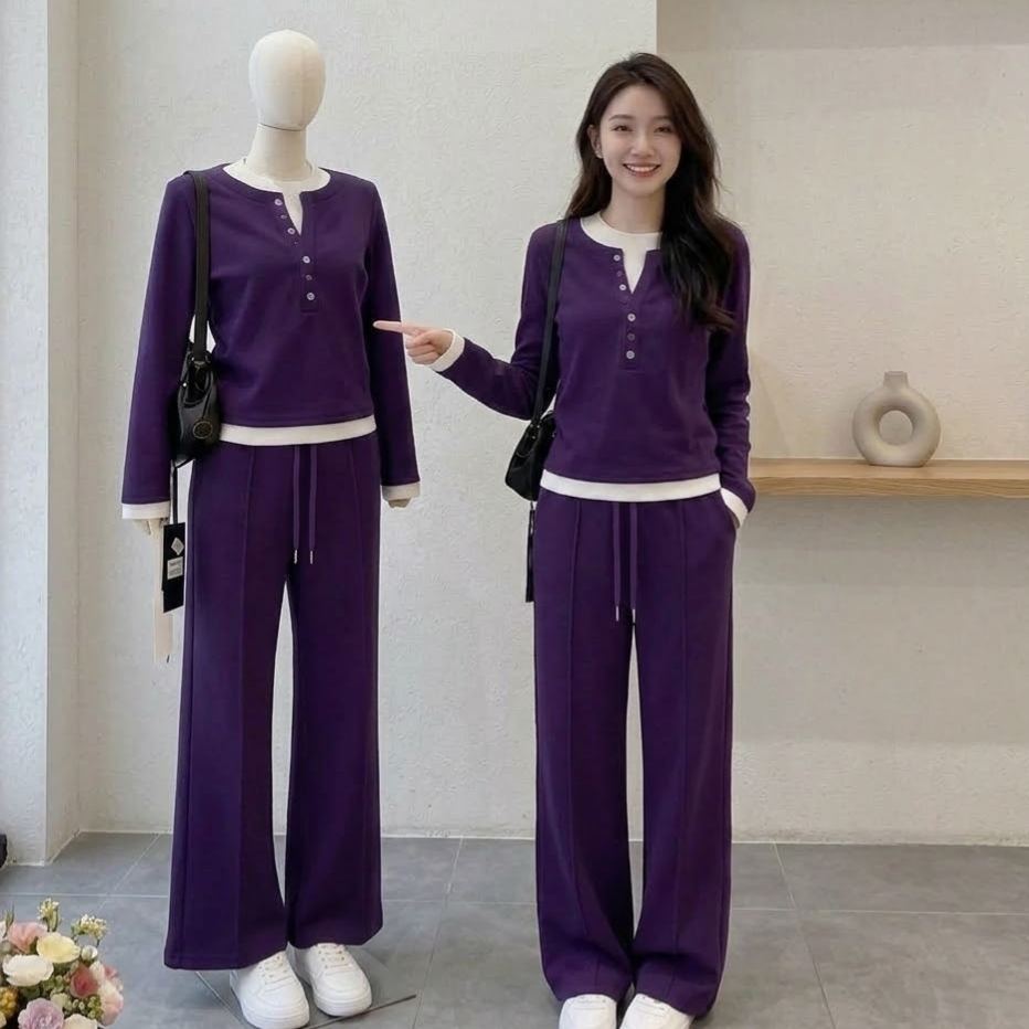 【整套】設計感假兩件長袖T恤+紫色運動褲兩件套