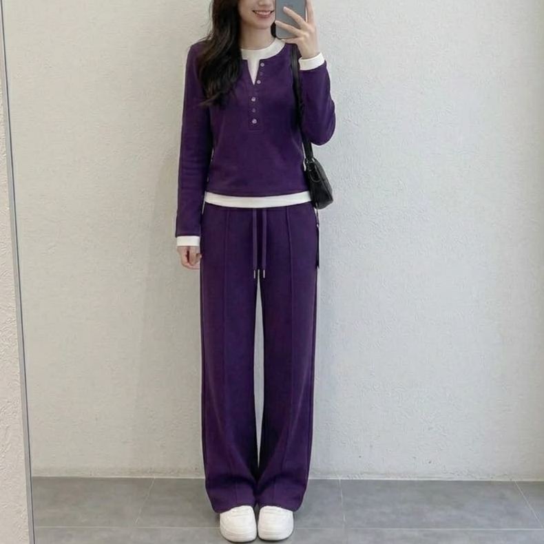 【整套】設計感假兩件長袖T恤+紫色運動褲兩件套