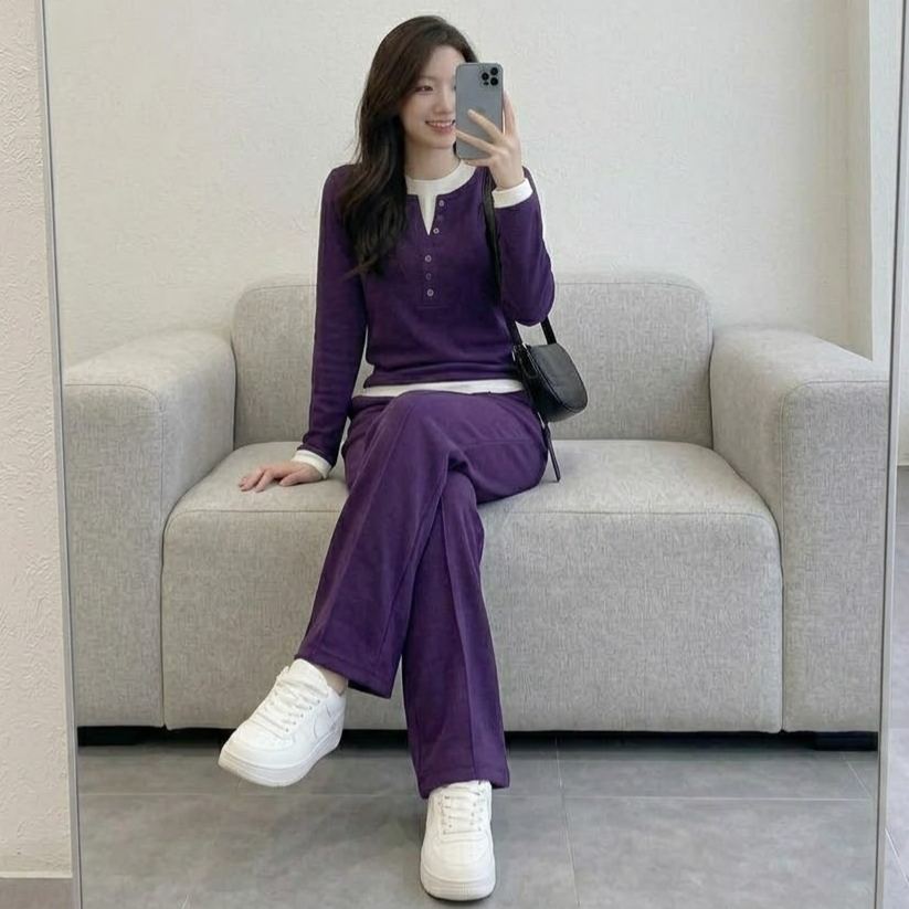 【整套】設計感假兩件長袖T恤+紫色運動褲兩件套