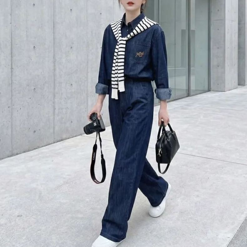 【單件/套裝】韓系牛仔襯衫+條紋披肩+闊腿褲三件套裝