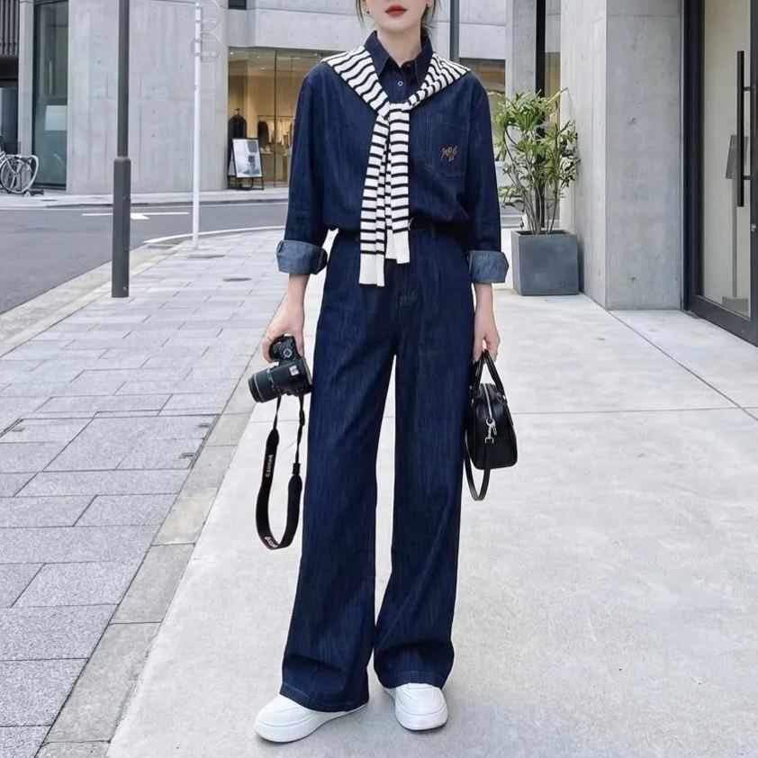 【單件/套裝】韓系牛仔襯衫+條紋披肩+闊腿褲三件套裝
