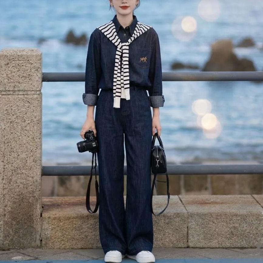【單件/套裝】韓系牛仔襯衫+條紋披肩+闊腿褲三件套裝