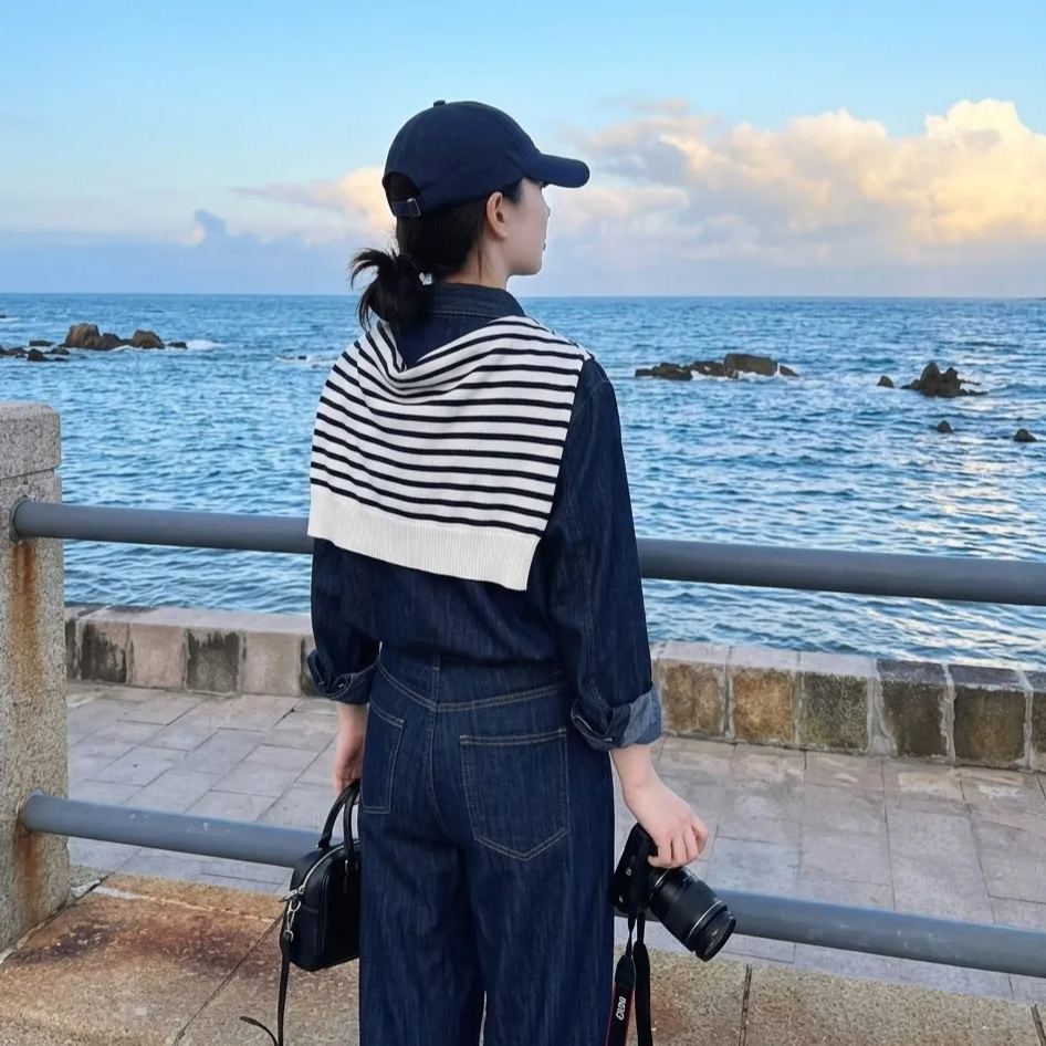 【單件/套裝】韓系牛仔襯衫+條紋披肩+闊腿褲三件套裝