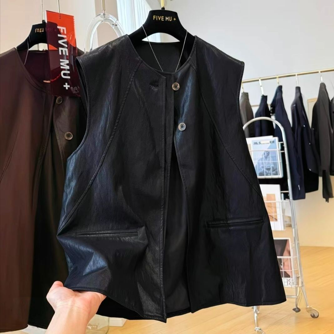 獨特設計感疊穿圓領無袖皮馬甲