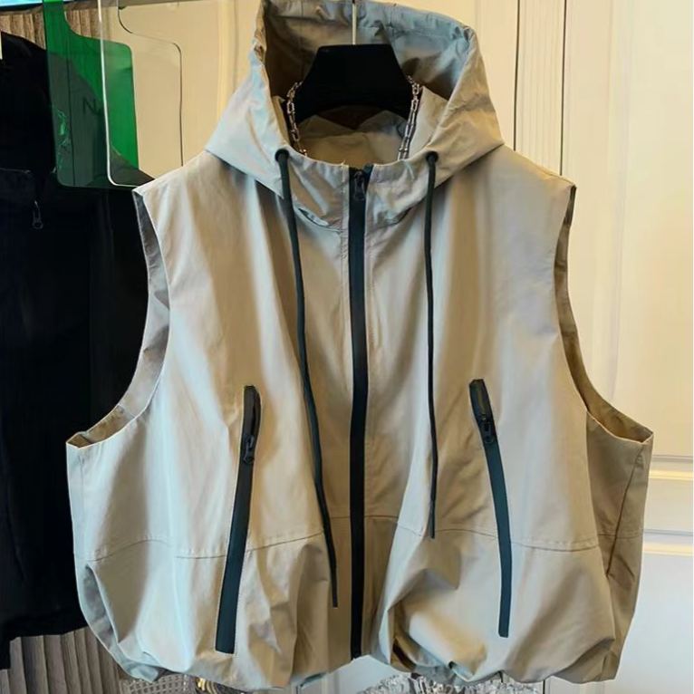 連帽寬松抽繩時尚百搭休閑無袖馬甲