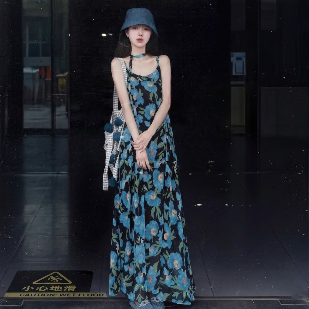 法式度假質感高級感藍色花無袖吊帶洋裝