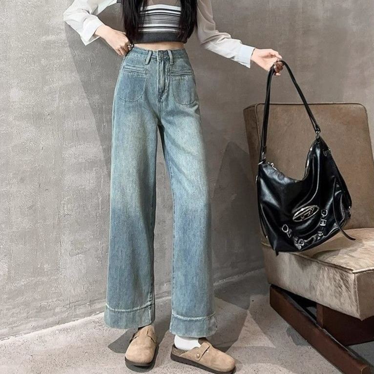 窄版高腰直筒捲邊顯瘦百搭闊腿牛仔褲