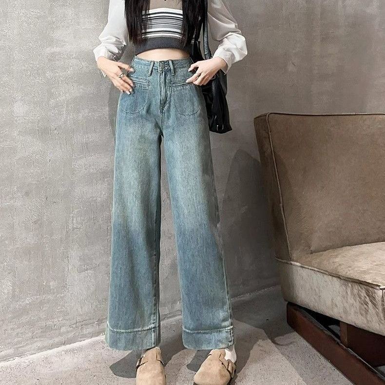 窄版高腰直筒捲邊顯瘦百搭闊腿牛仔褲