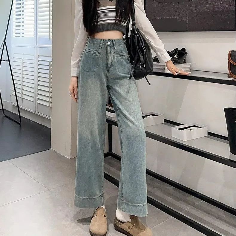 窄版高腰直筒捲邊顯瘦百搭闊腿牛仔褲