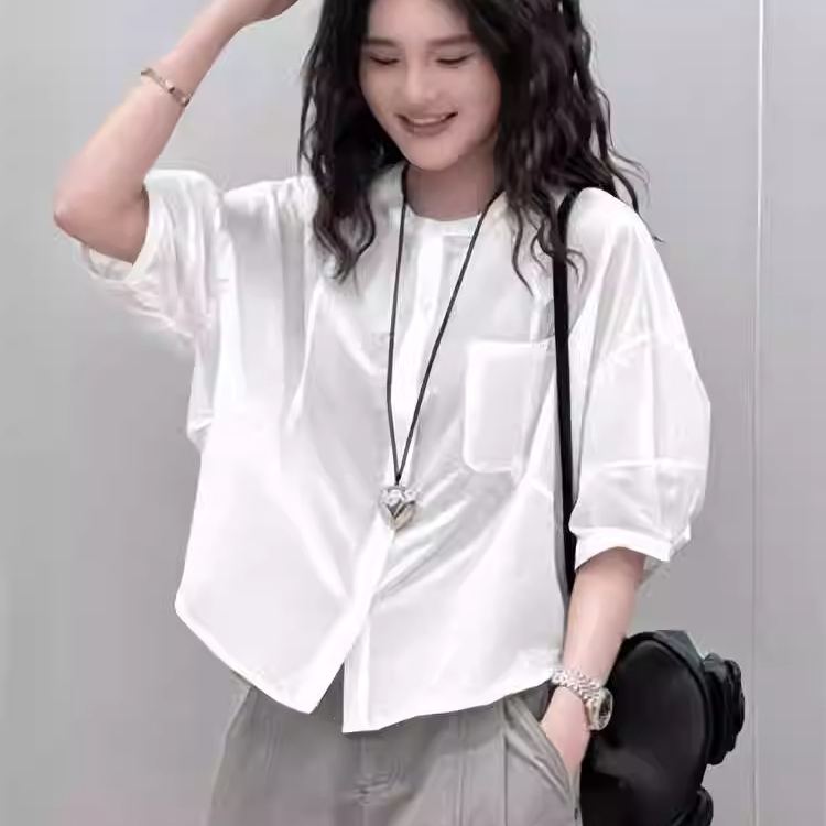 法式爆款泡泡袖寬鬆顯瘦短袖襯衫