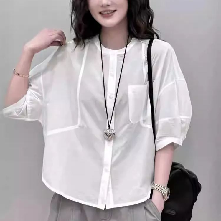 法式爆款泡泡袖寬鬆顯瘦短袖襯衫