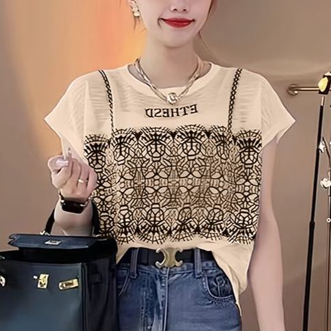 法式假兩件冰絲針織蕾絲拼接短袖t恤