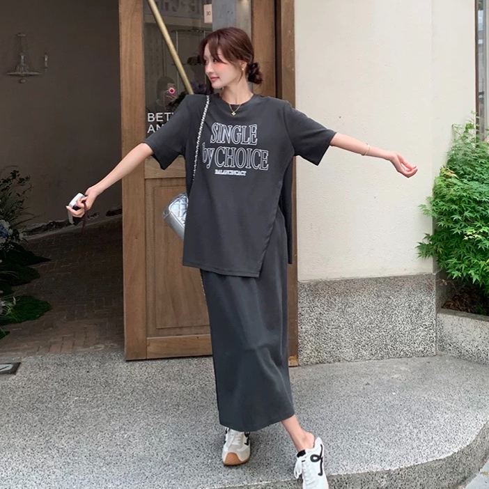 【單件/套裝】韓版減齡不規則上衣+休閑半身裙兩件套