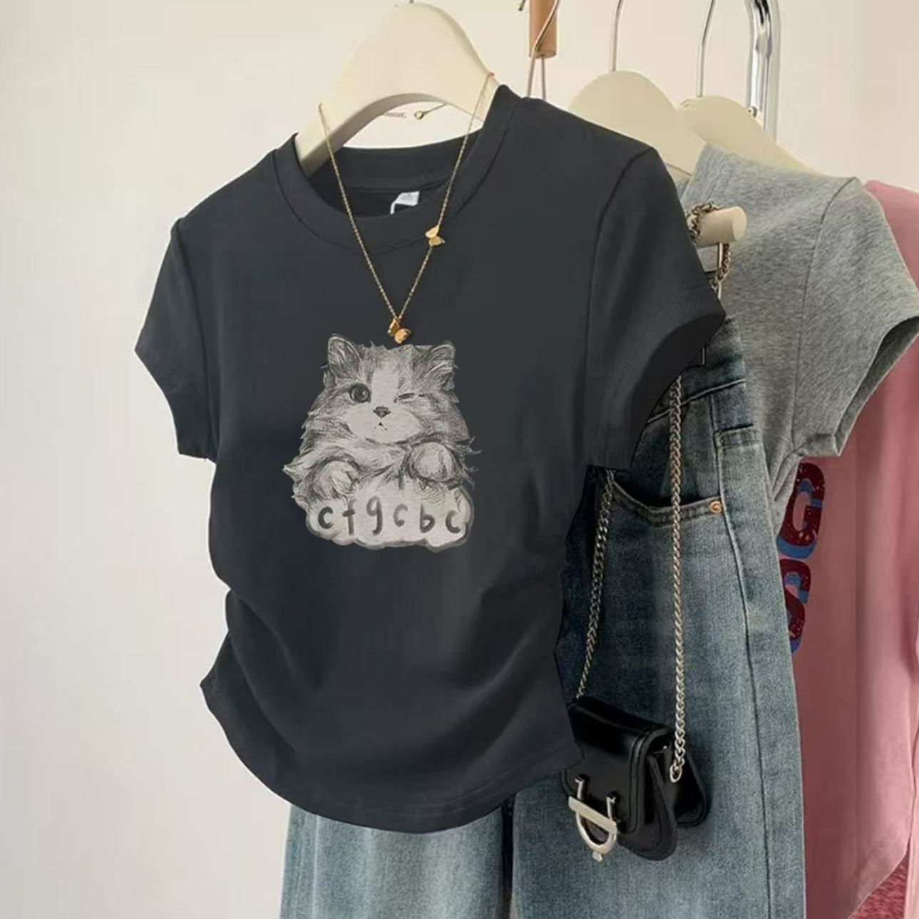 貓咪印花正肩小眾修身顯瘦短袖t恤
