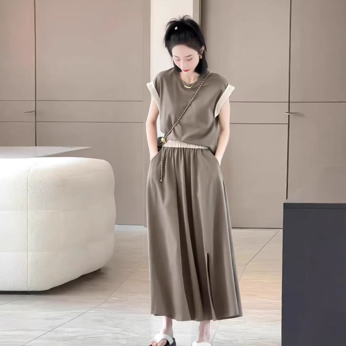 【整套】時尚寬松大碼拼接短袖+百搭休閑半身裙兩件套