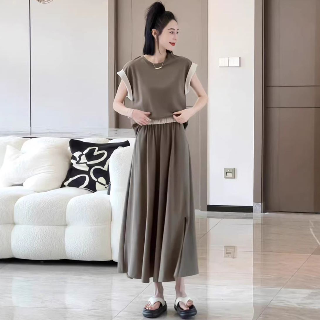 【整套】時尚寬松大碼拼接短袖+百搭休閑半身裙兩件套