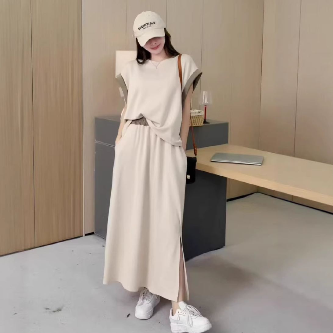 【整套】時尚寬松大碼拼接短袖+百搭休閑半身裙兩件套