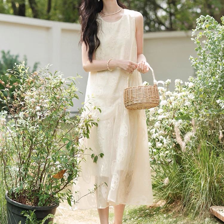 韓系溫柔法式無袖甜美減齡氣質長版洋裝