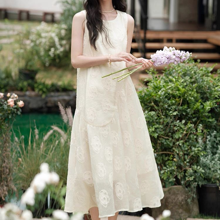 韓系溫柔法式無袖甜美減齡氣質長版洋裝