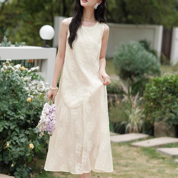 韓系溫柔法式無袖甜美減齡氣質長版洋裝