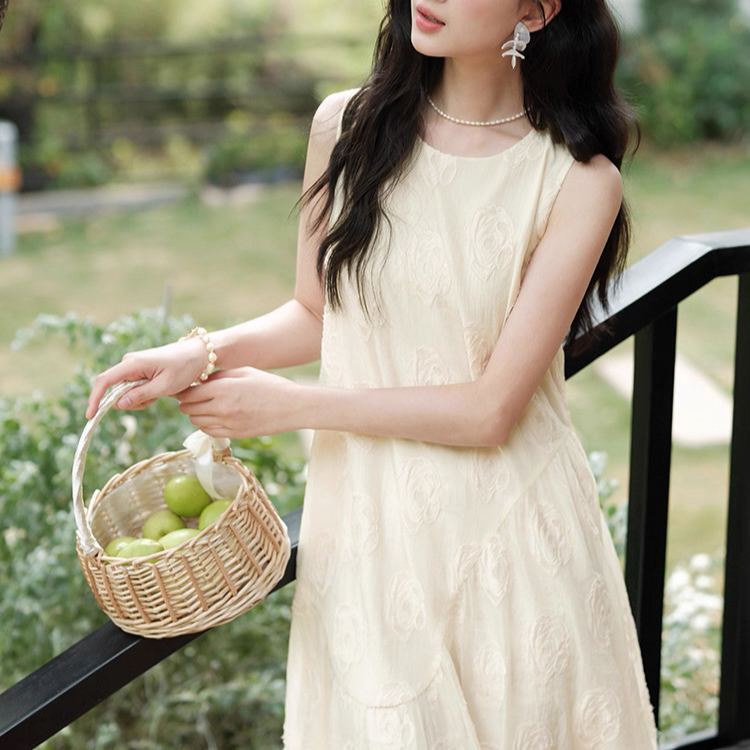 韓系溫柔法式無袖甜美減齡氣質長版洋裝