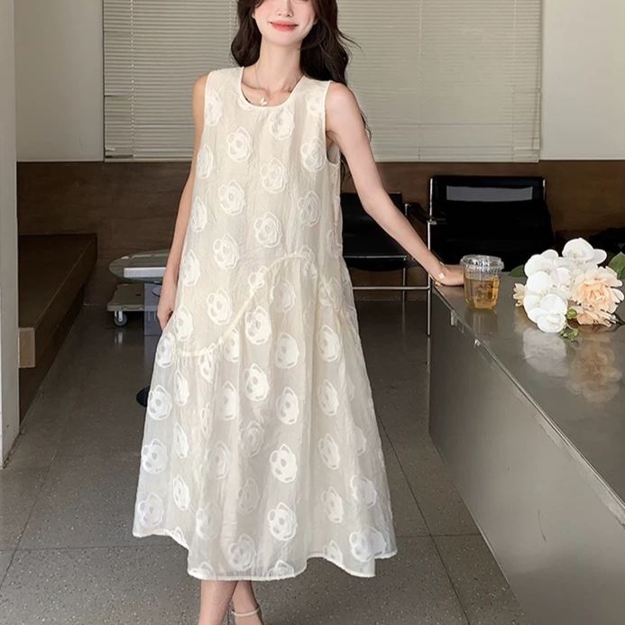 韓系溫柔法式無袖甜美減齡氣質長版洋裝