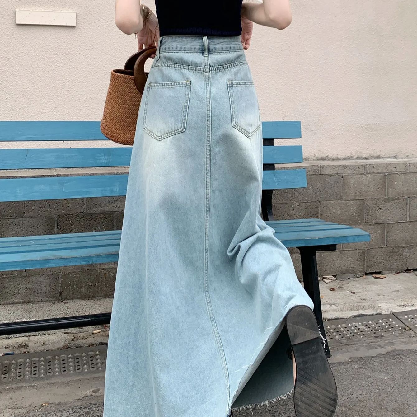 美式復古毛邊長版A字裙寬鬆顯瘦牛仔半身裙