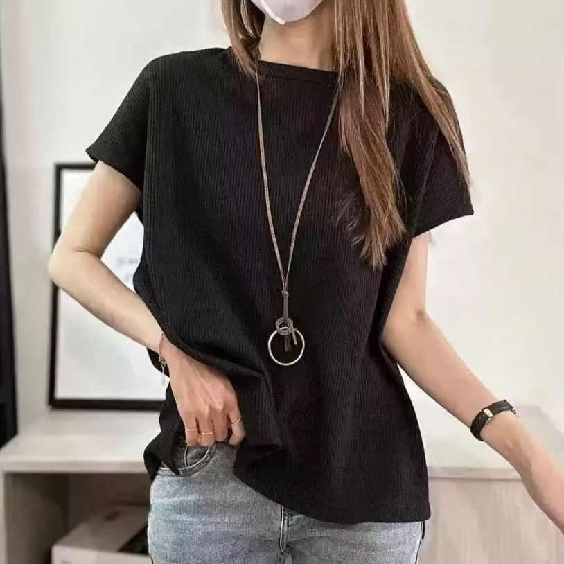日韓休閒華夫格開叉圓領落肩短袖T恤