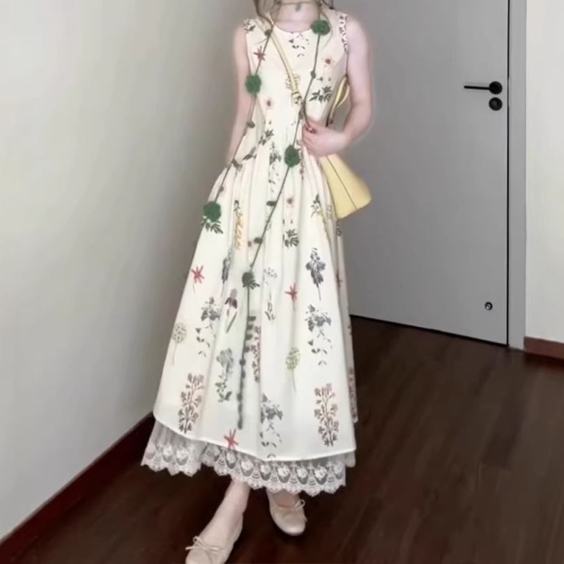 法式無袖背心碎花海邊度假氣質洋裝