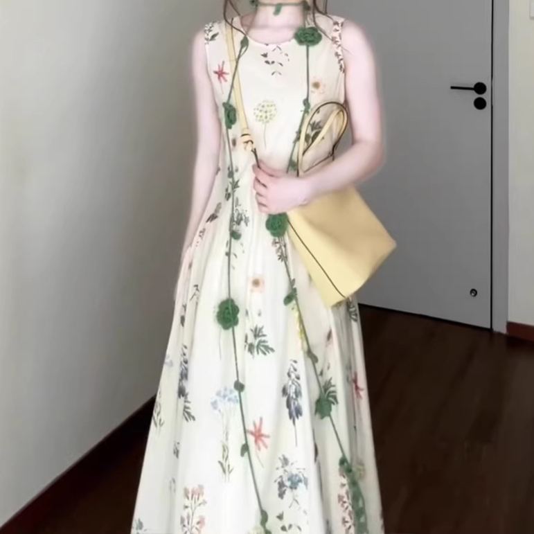 法式無袖背心碎花海邊度假氣質洋裝