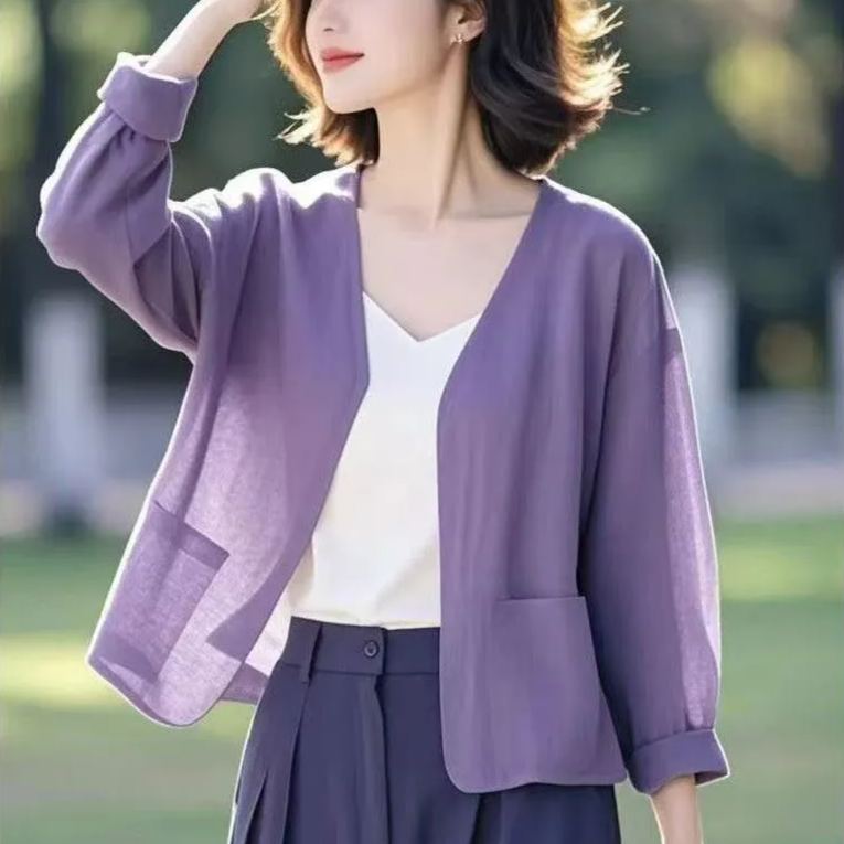 輕薄棉麻素色寬鬆七分袖防曬開衫