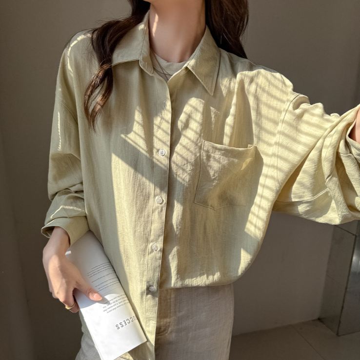 亞麻長袖薄款素色寬鬆防曬衣襯衫