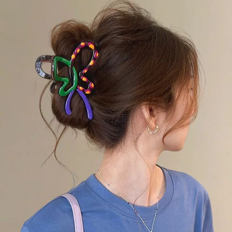高級感撞色波點蝴蝶結抓夾髮夾