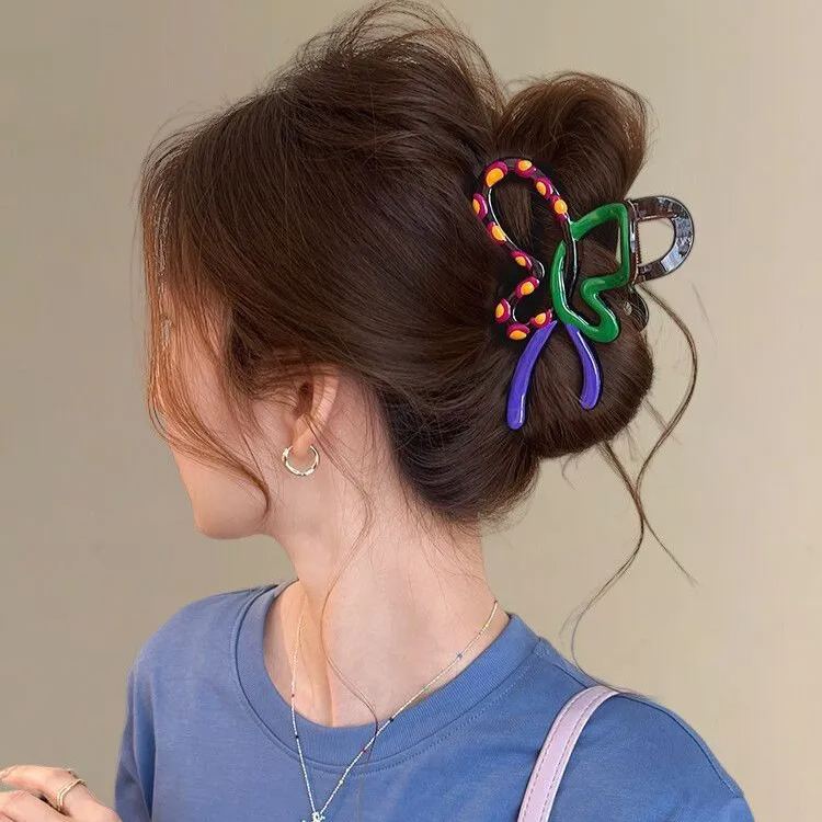 高級感撞色波點蝴蝶結抓夾髮夾