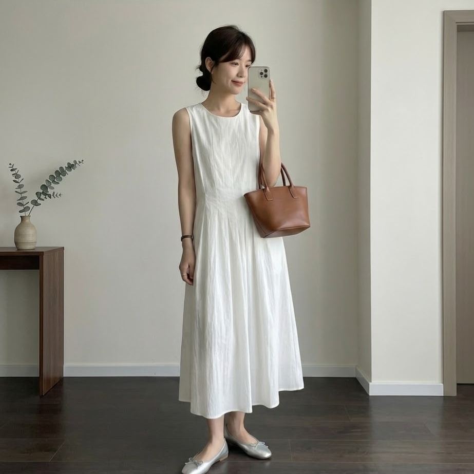 法式通勤素色壓褶收腰無袖百褶A字洋裝
