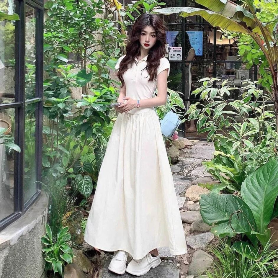 休閒polo領短袖拼接大擺慵懶長版洋裝