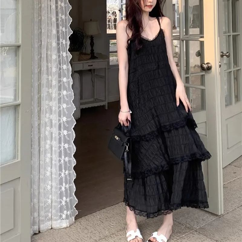 甜美減齡法式吊帶度假風寬鬆蛋糕裙洋裝