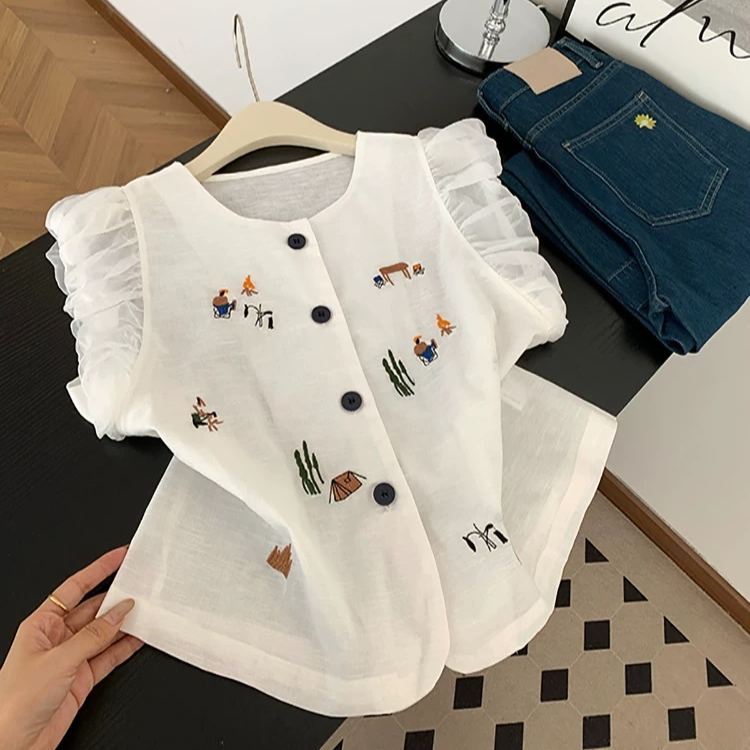 亞麻泡泡袖甜美重工刺繡涼感短袖襯衫