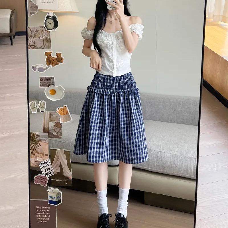 甜美格子褶皺抹胸&半身裙兩穿設計顯瘦休閒慵懶半身裙