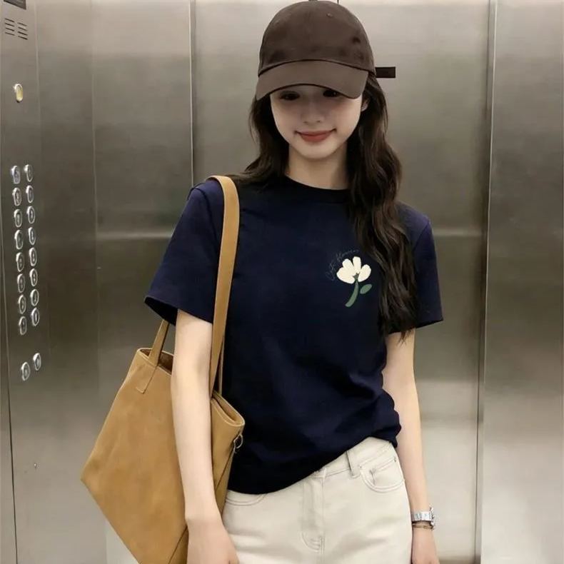 棉質｜純棉正肩減齡印花圓領修身顯瘦短袖t恤