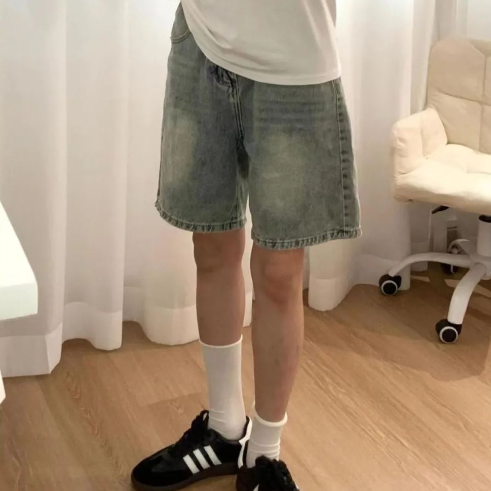 復古水洗寬鬆直筒牛仔高腰顯瘦闊腿五分短褲 商品圖 4